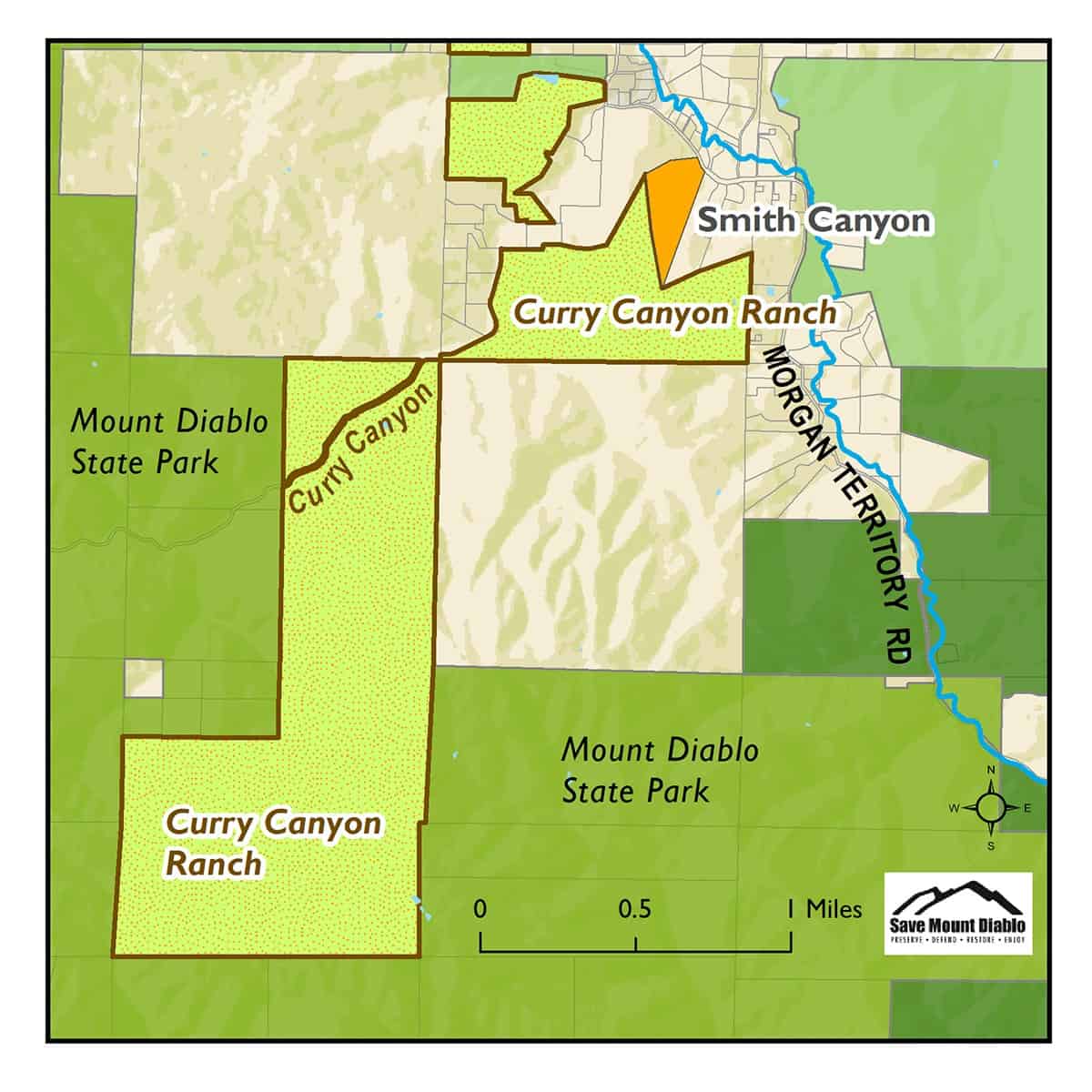 Closeup map of the proposed Smith Canyon acquisition next to Curry Canyon Ranch and then Mount Diablo State Park