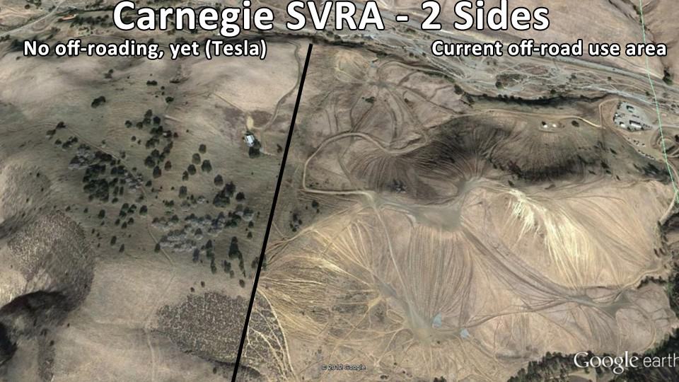 aerial view of unmarked land at Tesla next to scarred land at Carnegie SVRA