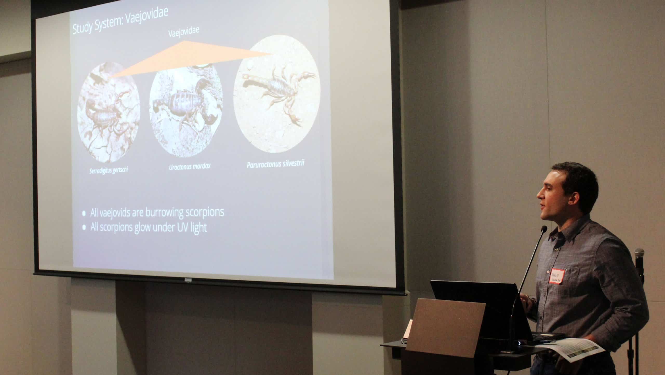 Aaron Goodman presenting scorpion research at the Mary Bowerman Science and Research Colloquium in 2019