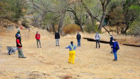 Socially distant high schoolers at the conservation collaboration agreement at the Save Mount Diablo Marsh Creek 8 property