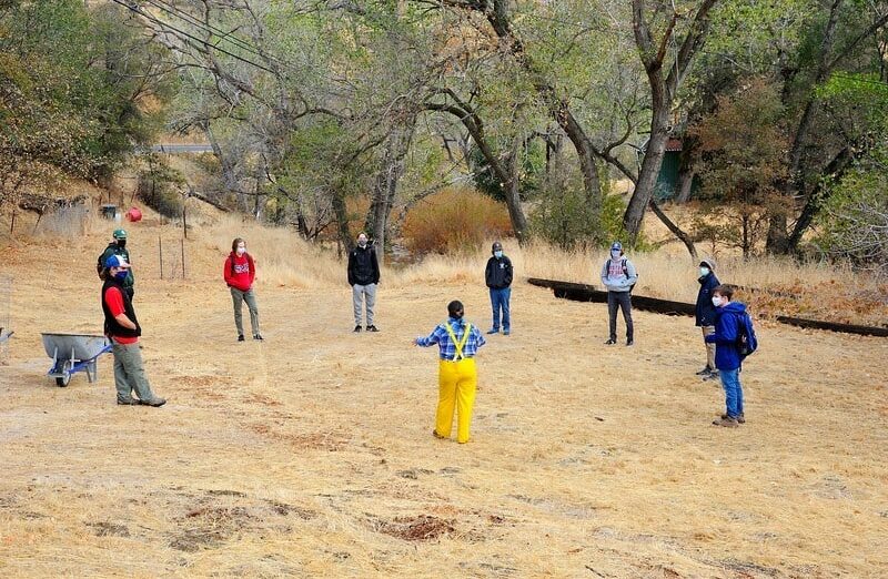 Socially distant high schoolers at the conservation collaboration agreement at the Save Mount Diablo Marsh Creek 8 property