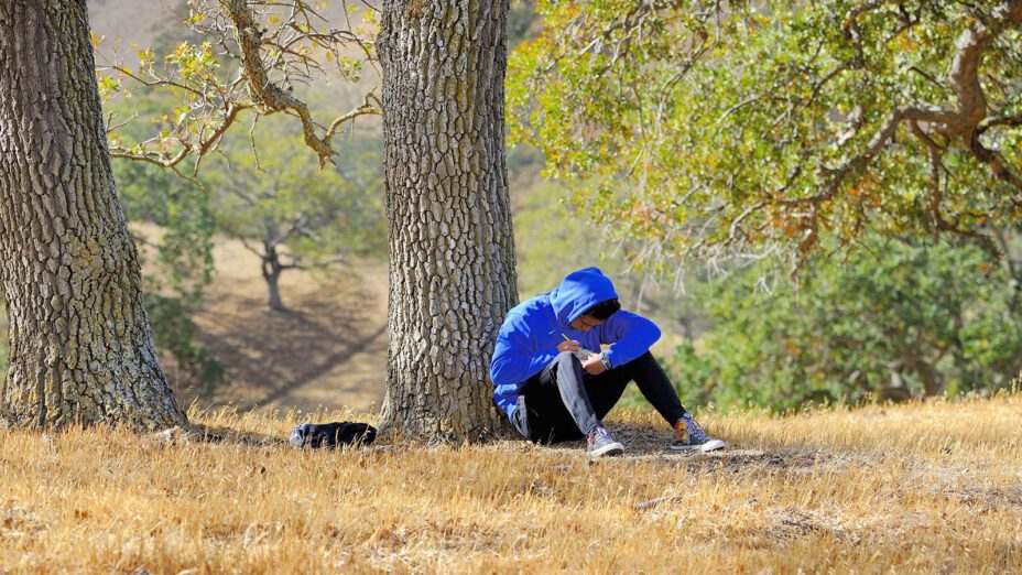 A Campolindo High School student journaling under an oak tree at Mangini Ranch