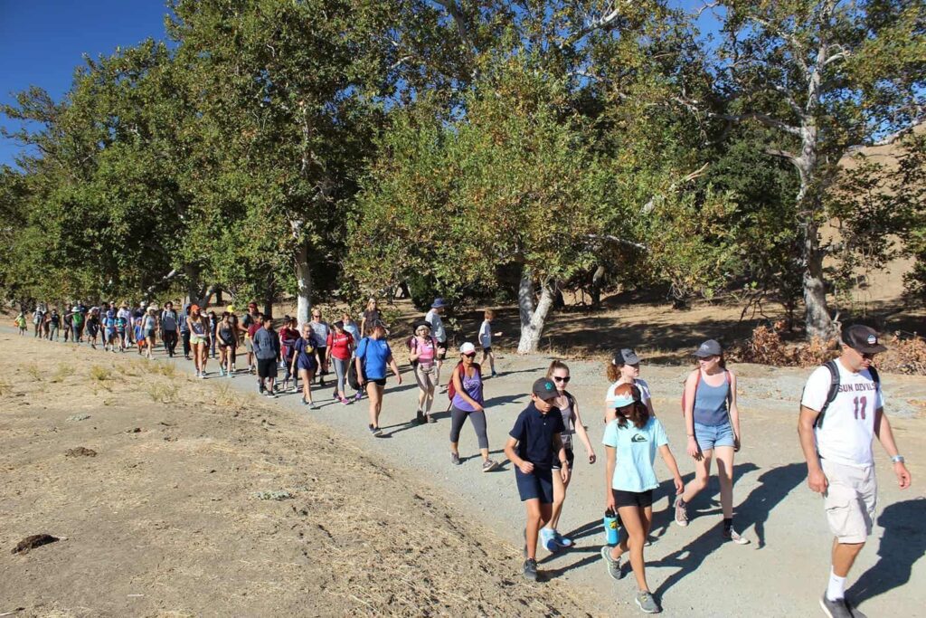 A long line of students, their families, their teachers, and volunteers and staff from Save Mount Diablo head down the trail to create an image in support of the Global Climate Strike