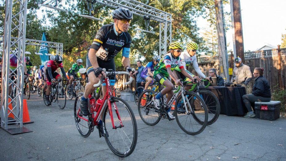 Bikers line up at the starting line