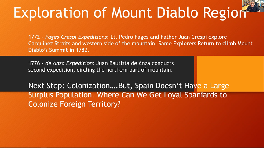 Lecture slide detailing early exploration of Mount Diablo by white settlers