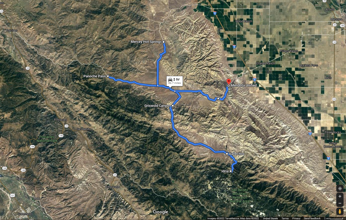 Map showing route Seth Adams and Joseph Belli took through Panoche