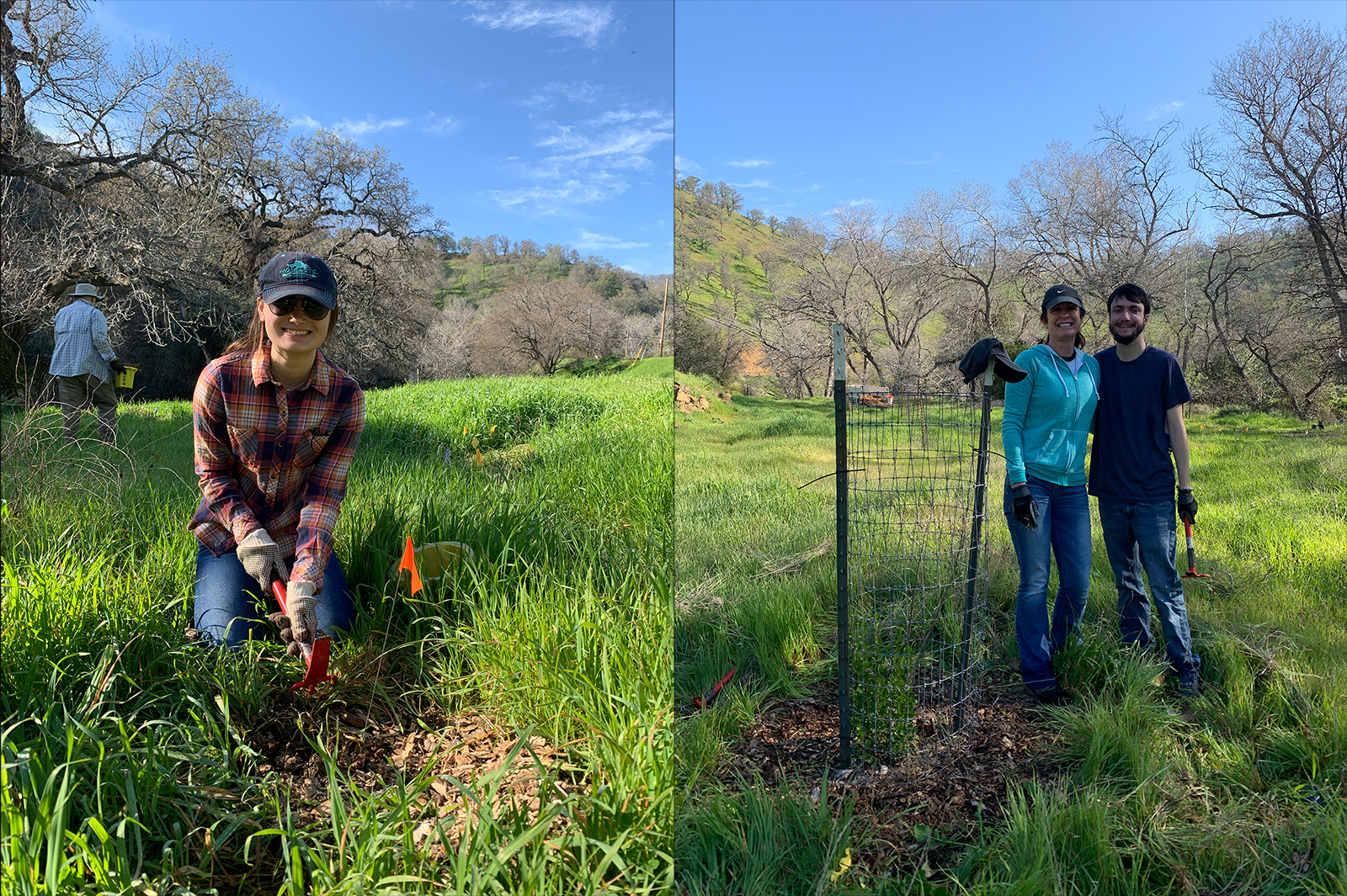 Two side by side photos of people smiling at the camera while they are planting native plants
