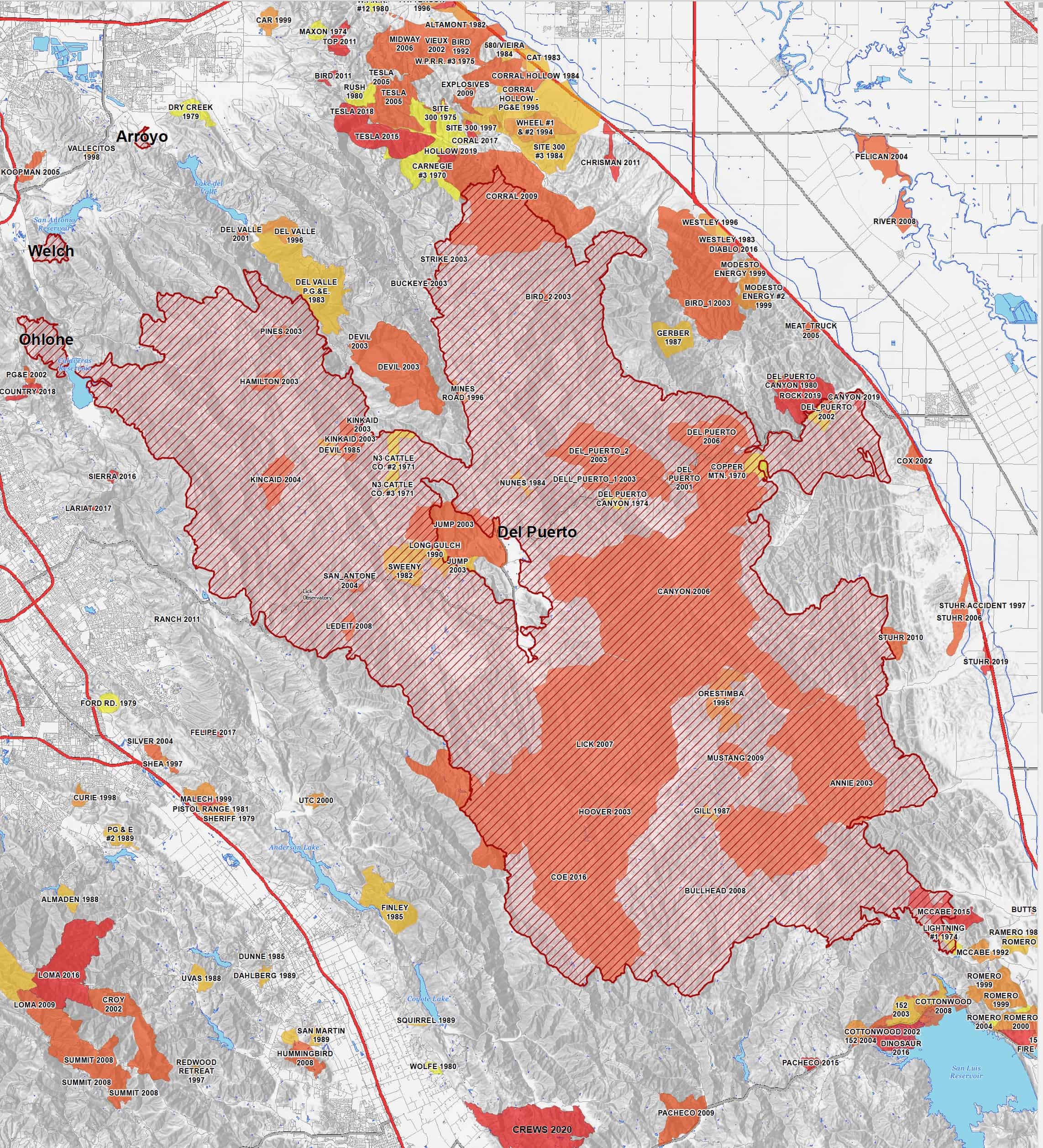 A map showing the history of California's fires