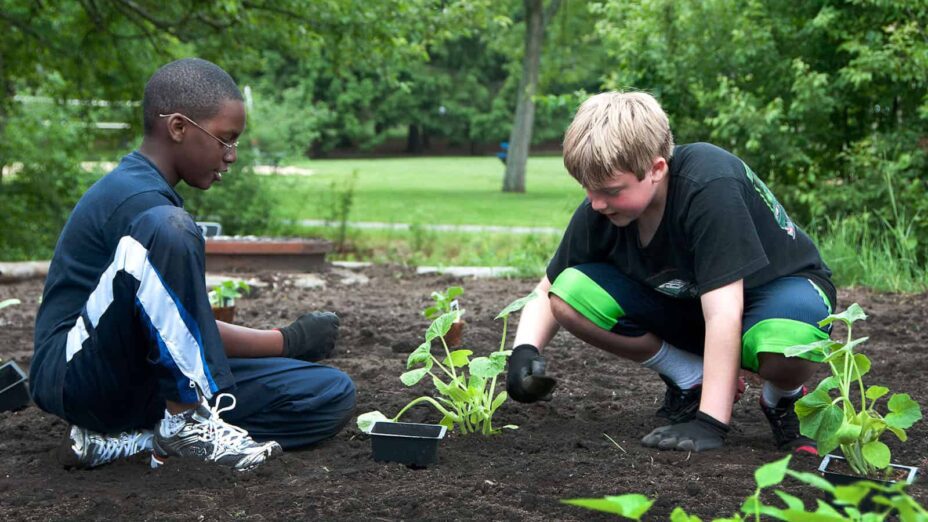 kids planting a garden