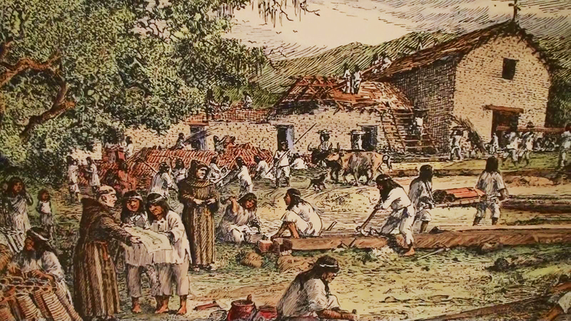 painting showing Indians being forced to construct a mission