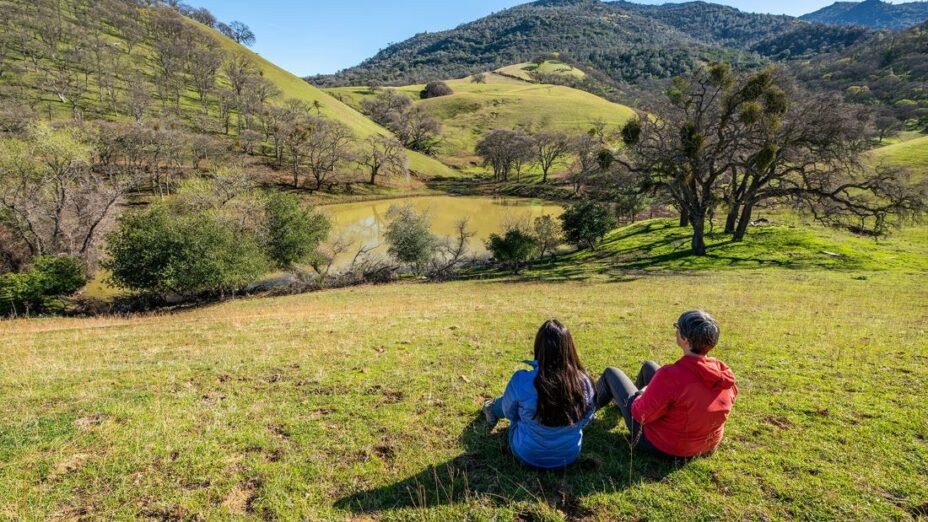 two people sitting in front of krane pond