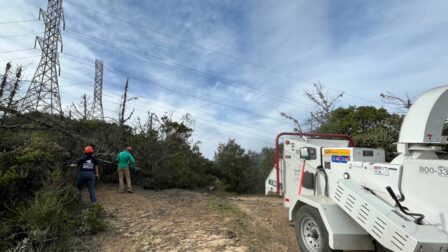 staff bucking and chipping fallen trees & branches at knobcone