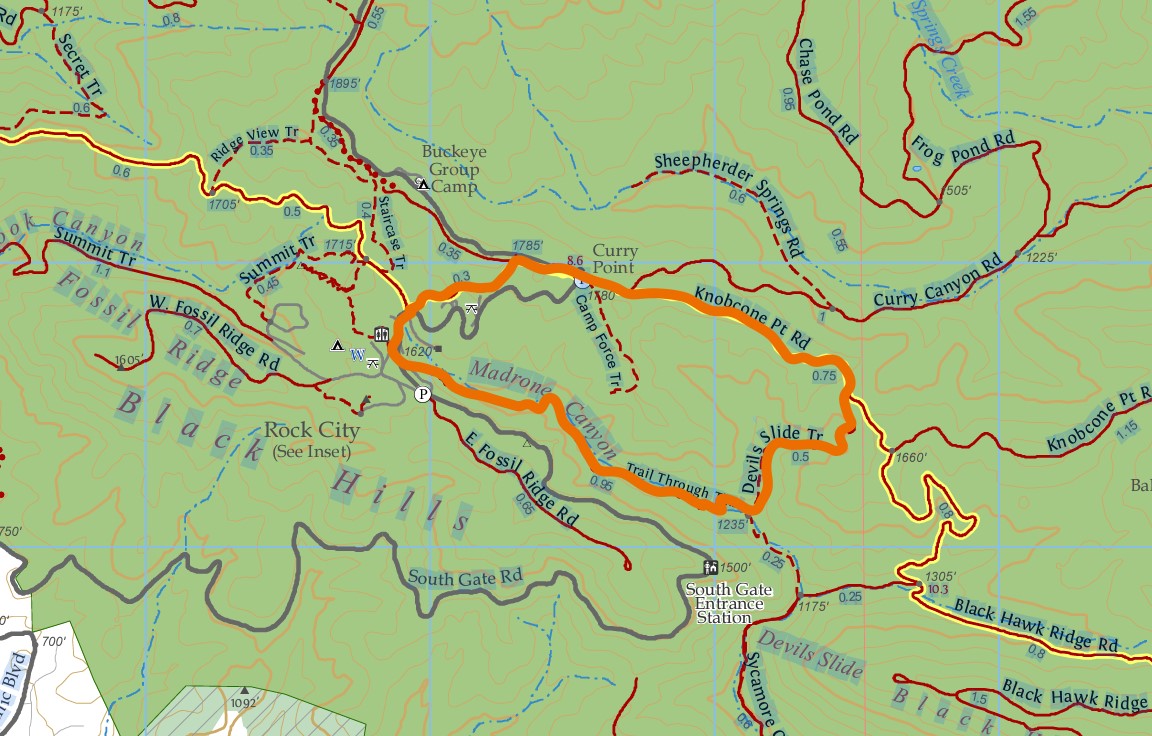A highlighted trail map of the Curry Point Loop that runs from Knobcone Point Trail, south to Devil's Slide Trail, West through Madrone Canyon, and back up to Curry Poin on the Summit Trail.