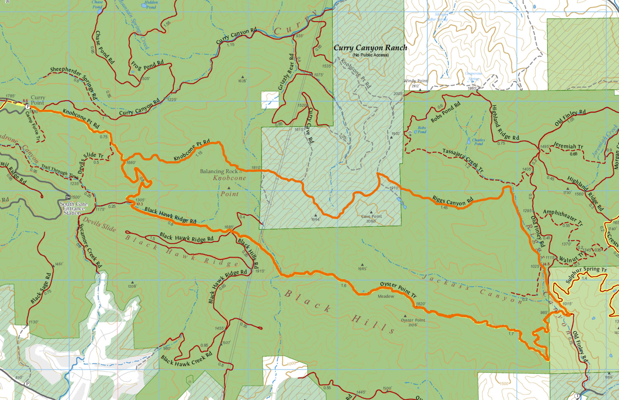 A highlighted trail map of the Curry Point Loop that runs from Knobcone Point Trail along the Curry Canyon property through to Riggs Canyon and along the Oyster Point Trail before heading back to Curry Point via Black Hawk Ridge Road.