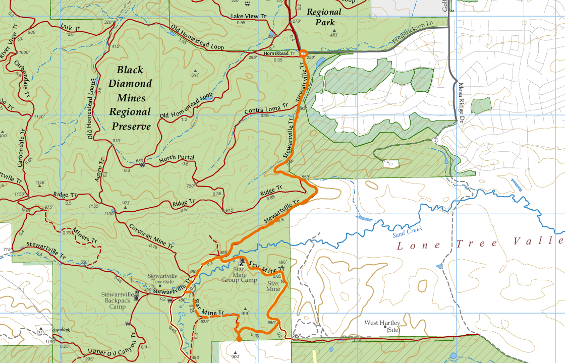 A map of the point to point hike we've selected for a featured hike through the eastern side of Black Diamond Mines Regional Preserve which runs from the Frederickson Lane Parking area into Star Mine and back.