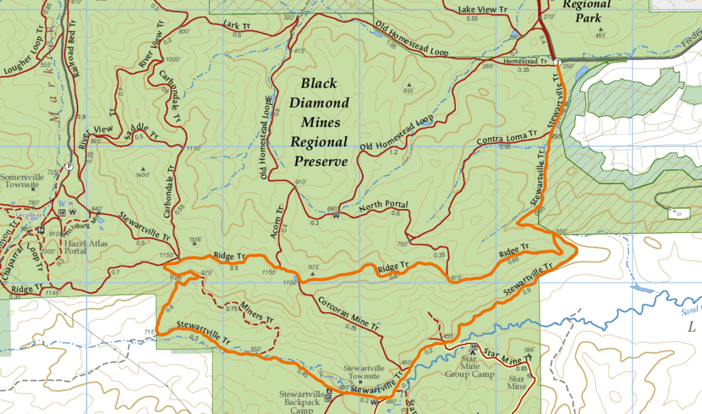 A trail map showing the route for this hike through Black Diamond Mines Regional Park