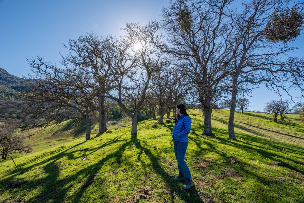 Mary stands in front of oak trees on a green hillside at the Krane Pond property