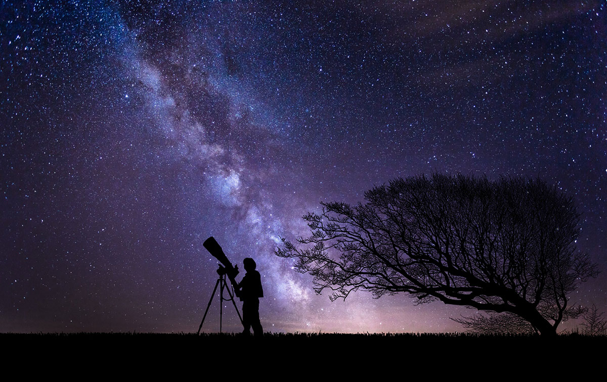 An astronomer with a telescope looking at the stars next to a tree