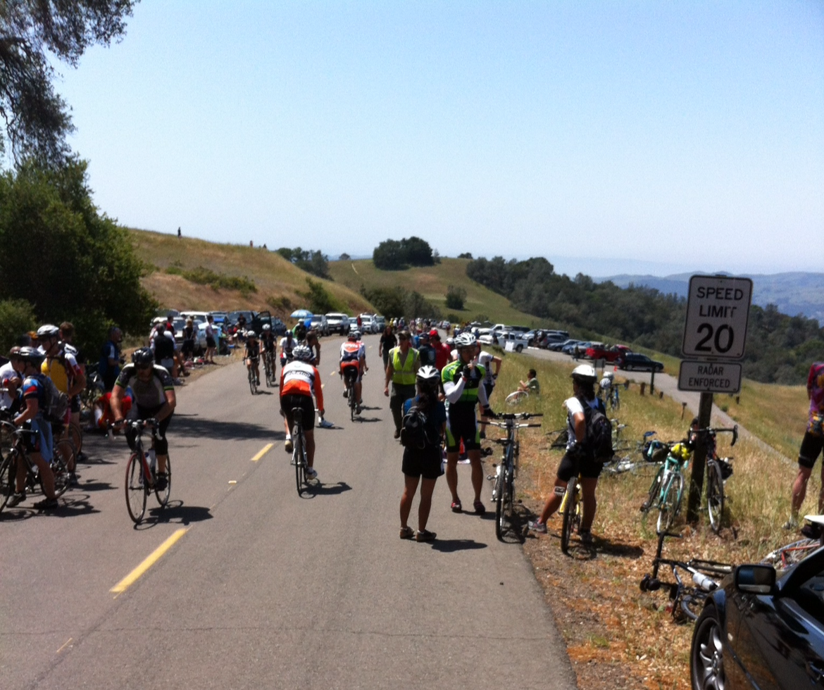 Cyclists gather during a clear day at Barbecue Terrace on Mount Diablo during the Tour of California.