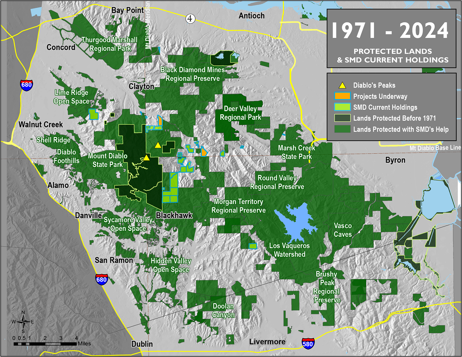Map of lands protected with Save Mount Diablo's help between 1971 and 2024