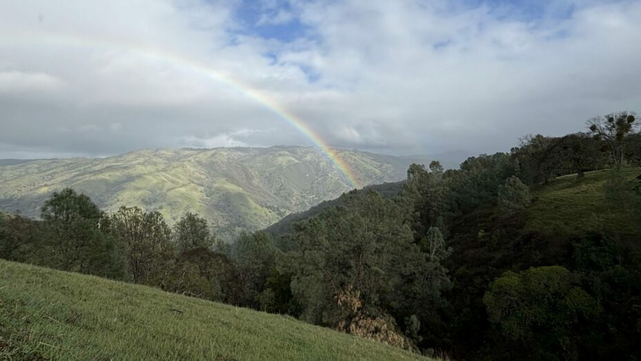 Rainbow over green rugged terrain