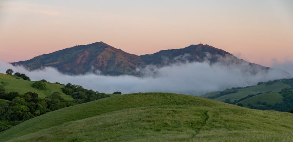Mount Diablo during sunset with a green hill in the foreground