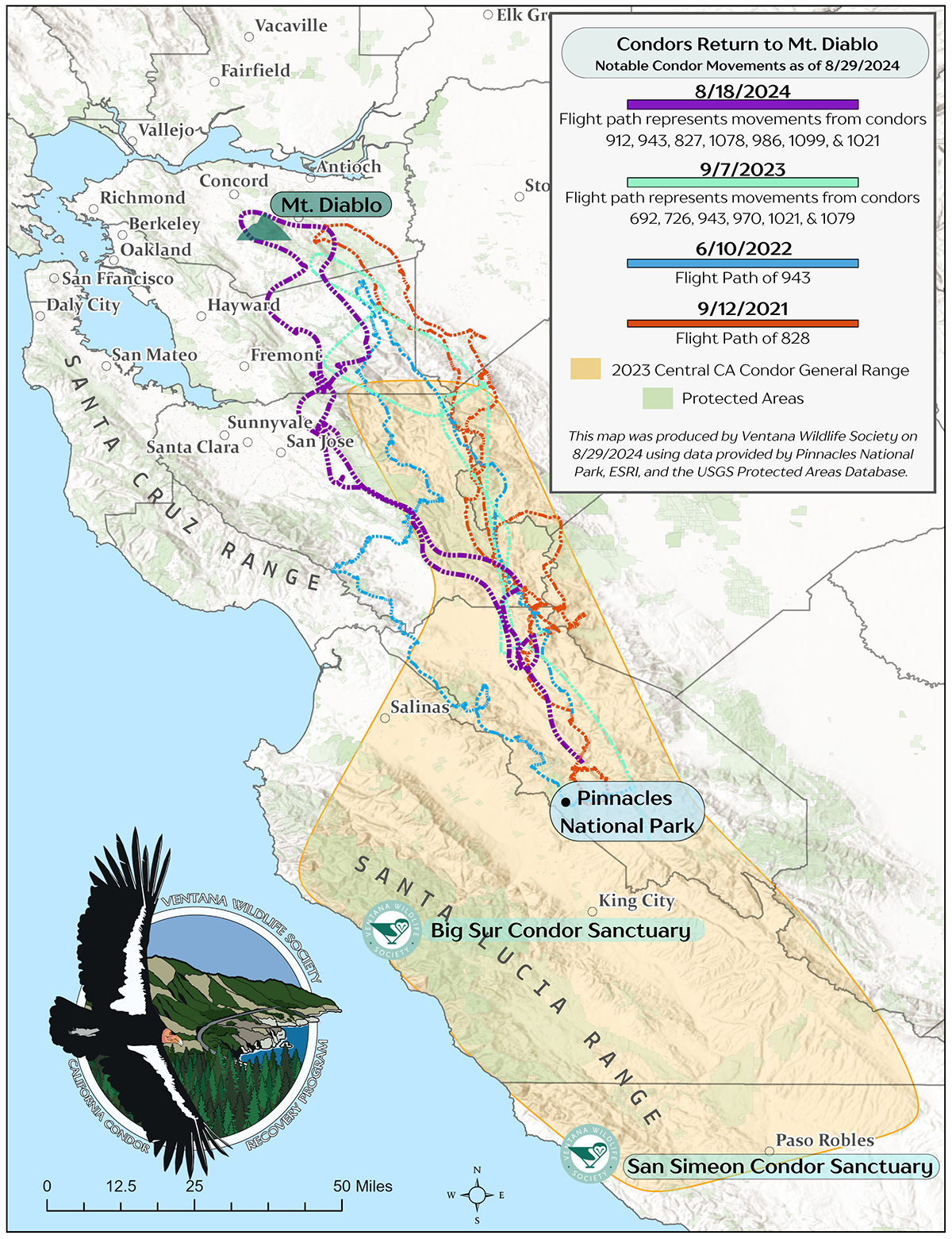 2.Map showing notable condor movements from Pinnacles National Park to the Mount Diablo region