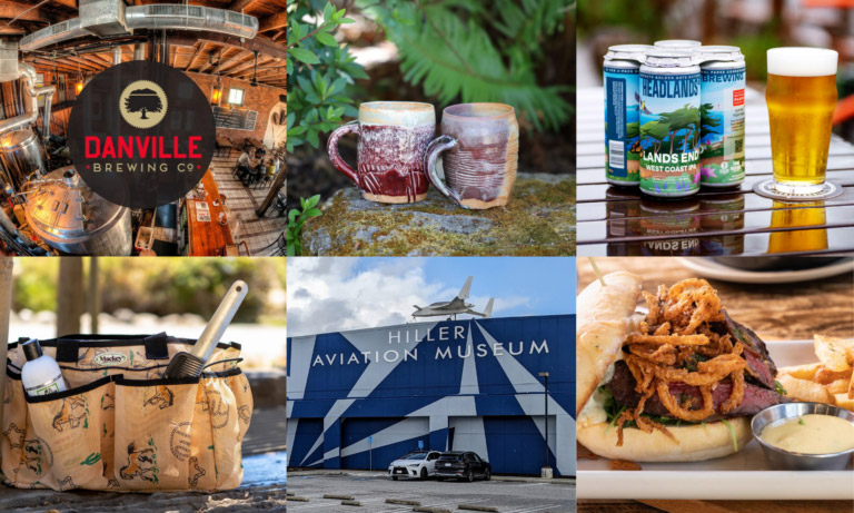 Collage of photos, including the Danville Brewing Company logo, various mugs and beverages, a brisket sandwich, and the Hiller Aviation Museum